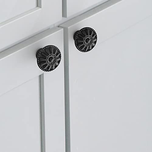 trust4care 9-Pack EU Style Matte Black Cabinet Knobs, 1.25 Inch Round Zinc Kitchen Drawer Pull Knobs with Victorian Floral Pattern, Farmhouse Dresser Furniture Handle Hardware - size: 9