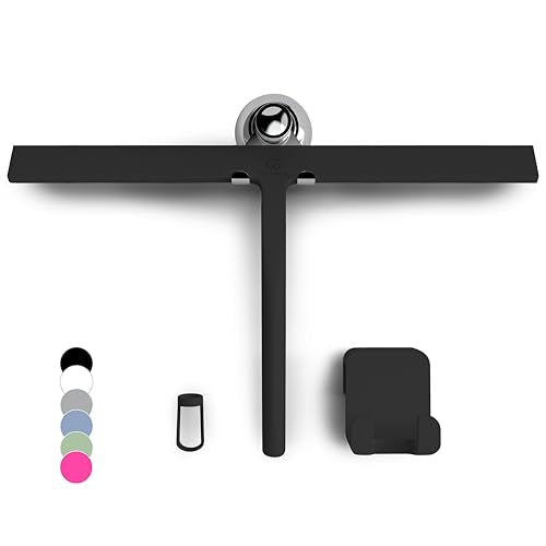 GÜTEWERK Silicone Shower Squeegee for Glass Doors & Mirrors with Stainless Steel Core, Streak-Free & No-Squeak Window Cleaning, 3-in-1 No-Drill Mount (Hook/Suction/Adhesive),Black, 15 Inches - color: Black, size: 15 Inches