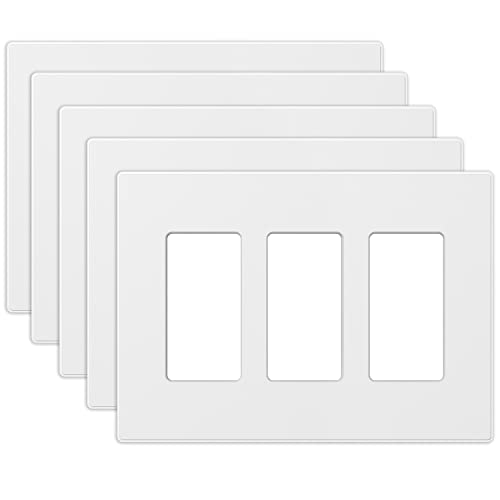 ELEGRP 3-Gang Screwless Decorative Wall Plates, Mid-Size Unbreakable Thermoplastic Faceplate Cover for Decorator Receptacle Outlet Switch, UL Listed (5 Pack, Matte White) - color: White, size: 5 Pack