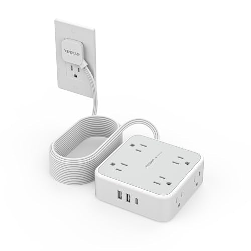 TESSAN Surge Protector Power Strip, 20 Ft Flat Plug Extension Cord with 3 USB (1 USB C) 8 Outlets, 1250W, 900J Protection, 3 Sided Outlet Extender with Power Switch for Office, Dorm Room, Grey - color: Grey with 1 USB C, size: 20 feet