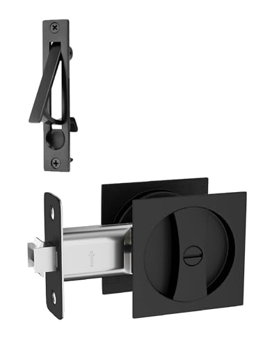 Lethato Black Pocket Door Hardware with Pocket Door Edge Pull, Pocket Door Lock with Pull, Pocket Door Latch, Matte Black Contemporary Pocket Door Privacy Lock for Bathroom & Bedroom (1 Pack, Square) - color: Black Pocket Hardware (Square) + Pull, size: 1