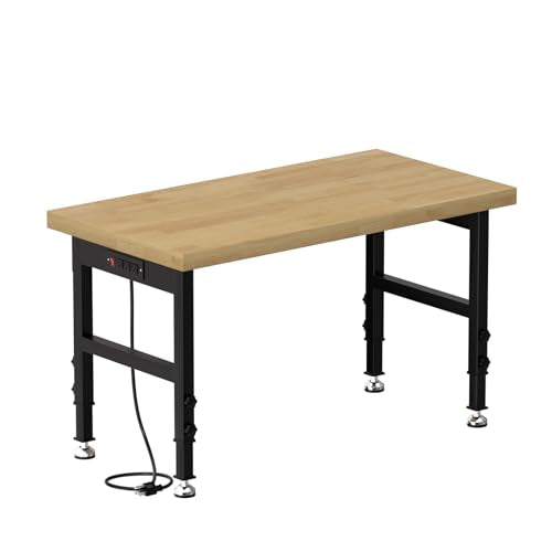 48" Heavy Duty Work Bench with Power Outlets, Adjustable Height Workbench with Rubber Pad, 2000 LBS Capacity Work Table for Garage, Workshop, Office, Home - size: 48“ X 20"