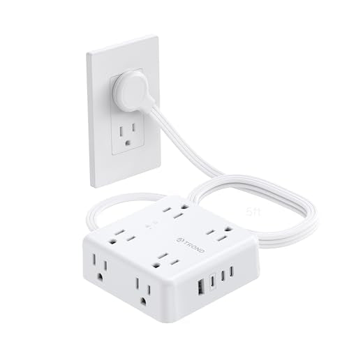TROND Surge Protector Power Strip, 5FT Flat Plug Extension Cord with 8 Outlets & 4 USB Ports (3 USB C), 1625W, Wall Mount Outlet Extender for Home Office Dorm Room Essentials, White - color: White, size: 5FT(8 AC)