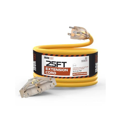 IRON FORGE CABLE 25 Foot Lighted Outdoor Extension Cord with 3 Electrical Power Outlets - 12/3 SJTW Heavy Duty Yellow Extension Cable with 3 Prong Grounded Plug for Safety, 15 AMP - size: 25 Foot, style: 1 Pack