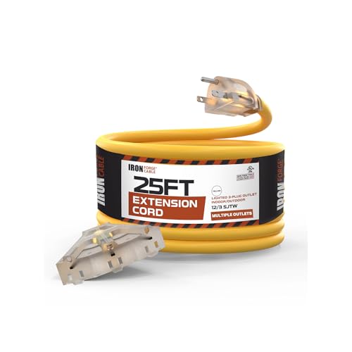 IRON FORGE CABLE 25 Foot Lighted Outdoor Extension Cord with 3 Electrical Power Outlets - 12/3 SJTW Heavy Duty Yellow Extension Cable with 3 Prong Grounded Plug for Safety, 15 AMP - size: 25 Foot, style: 1 Pack
