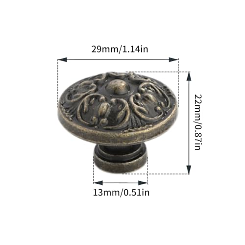 6 PCs Vintage Antique Bronze Knob Handles - Drawer Knob Pulls with Embossing, Diameter 1.1-in (29 mm) Height 0.9-in (22 mm)
