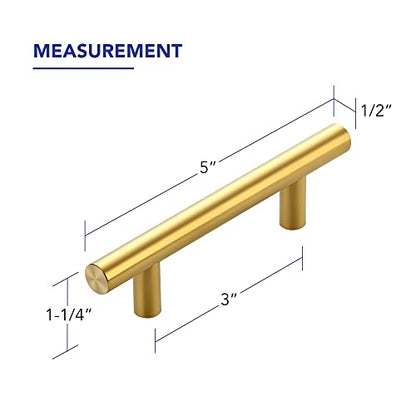 10 Pack Cabinet Handles with 3 Inch (76mm) Hole Center Brushed Brass Cabinet Pulls Stainless Steel Drawer Pulls, Kitchen Knobs for Dresser Drawer, 5 Inch Overall Length - color: Brushed Brass T-Shaped, size: 3" Hole Center