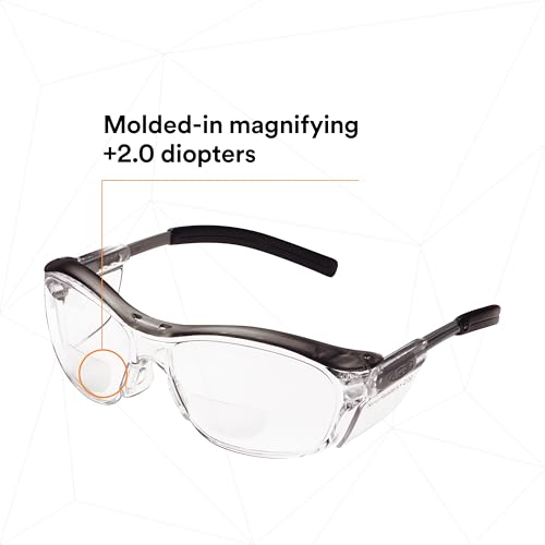 3M Safety Glasses with Readers, Nuvo Readers, +2.0 Diopter, Pack of 1, ANSI Z87, Clear Lens, Gray Frame, Soft Nose Bridge, Side Shields - color: Clear Lens (+2.0), Gray Frame, size: +2.0 Diopter