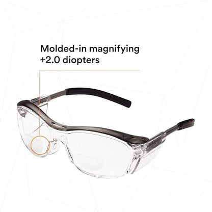 3M Safety Glasses with Readers, Nuvo Readers, +2.0 Diopter, Pack of 1, ANSI Z87, Clear Lens, Gray Frame, Soft Nose Bridge, Side Shields - color: Clear Lens (+2.0), Gray Frame, size: +2.0 Diopter