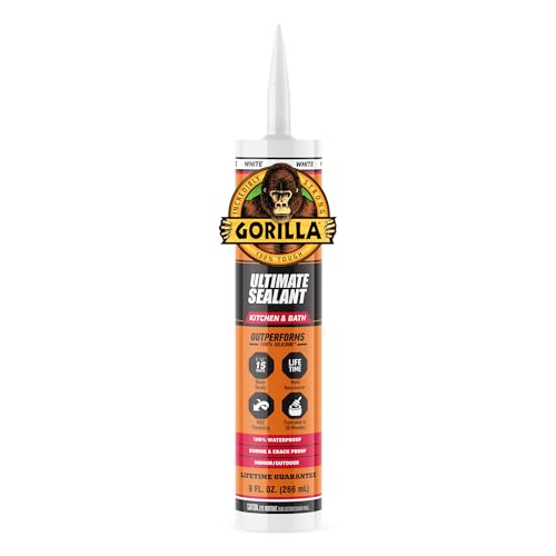Gorilla Ultimate Sealant Kitchen & Bath Caulk, Paintable & Waterproof, 9 oz Cartridge, White