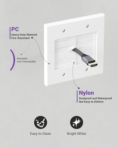 VCELINK 2 Gang Brush Wall Plate, Cable Pass Through Wire Hider for Cable Management, Ethernet Cables, HDMI Cables and Home Theater Systems, 2 Pack - color: White