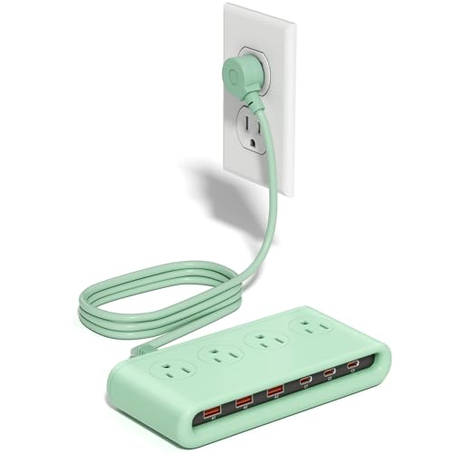 Power Strip with USB C 35W,10-in-1 Flat Plug Wall Charger - 5FT Extension Cord with 4AC, 3 USB A & 3 USB C - PD20W Charging Station for Multiple Devices - Travel Home Office (Green) - color: Green