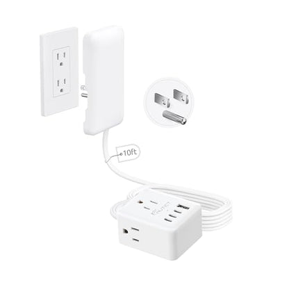 NUTICT 10FT Long Extension Cord with Outlet Cover, Flat Plug Power Strip with 3 Outlets & 3 USB-C & 1 USB-A Port, Wall Mountable, Ideal for Home Improvement, Hide Bulky and Messy Cords, White - size: 10FT
