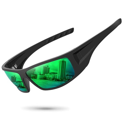 Polarized Sports Sunglasses for Men Women Unbreakable Frame Cycling Fishing Wrap Around Sunglasses UV400 Protection - color: 1-black Frame/Green Mirror Lens