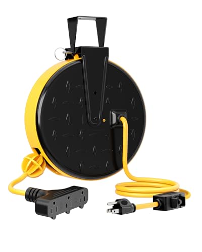DEWENWILS Retractable Extension Cord Reel, Ceiling/Wall Mount 16/3 Gauge SJTW Power Cord with 3 Electrical Outlets Pigtail for Garage and Shop, 10 Amp Circuit Breaker, 30.1 Ft, ALloy Plate, UL Listed - color: Black/Yellow-yellow Cord