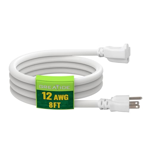8 Ft Outdoor Extension Cord - 12/3 SJTW Heavy Duty White Extension Cable with 3 Prong Grounded Plug - Power Cord for Lawn, Garden, Appliances - color: White, size: 8 FT