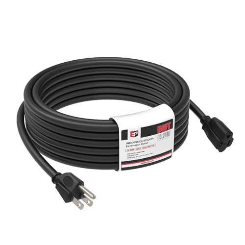 EP 50FT Black Outdoor Extension Cord, 16/3 SJTW Heavy Duty Waterproof, 3 Prong Grounded Plug, 13A 1625W 16AWG, Cold-Resistant Flexible Power Cable for Garden, Home, Christmas Lights - color: Black, size: 50ft-1PK