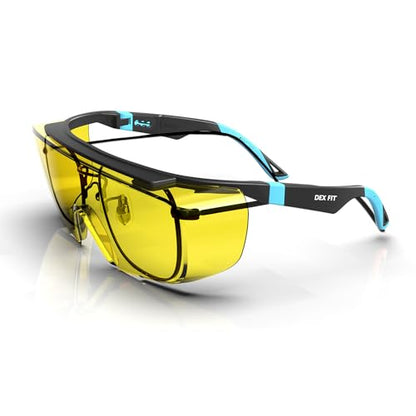 DEX FIT Safety Glasses Over Eyeglasses SG210 - Yellow Lens, Blue Light Blocking, Night Vision, Anti-Fog, UV 400 Protection, Z87.1 Certified, Adjustable Temples for Men & Women; Black & Blue, 1 PC - color: Black/Blue - Yellow, size: 1 PC