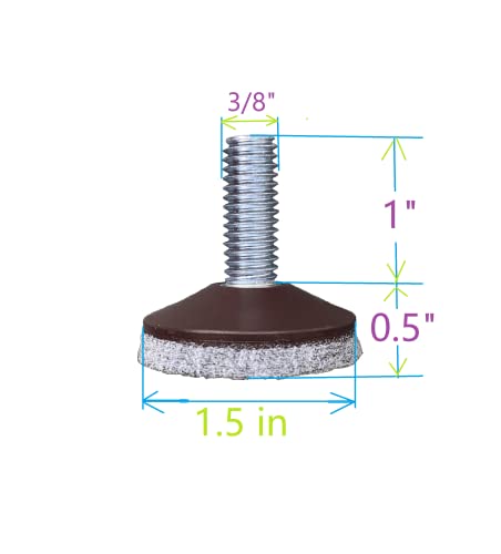3/8"-16 Threaded Bolt, Furniture Levelers with Removable nut-Pack of 4 | 1.5" Grey Felt Pad Furniture Feet,Heavy Duty Adjusting Foot Adjustable Furniture Legs,Table Levelers,Thread Pitch:16.
