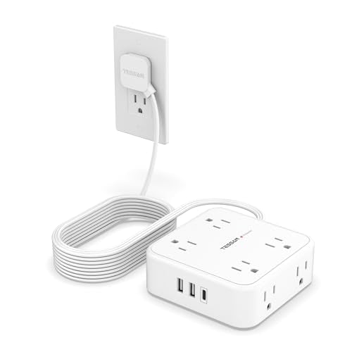 TESSAN Surge Protector Power Strip, 15 Ft Flat Plug Extension Cord with 3 USB (1 USB C) 8 Outlets, 1250W, 900J Protection, 3 Sided Outlet Extender with Power Switch for Office, Dorm Room, White - color: White with 1 USB C, size: 15 feet