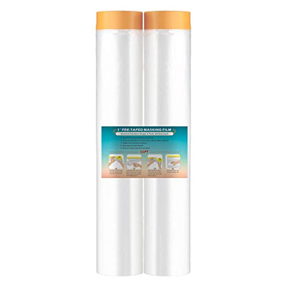 LLPT Tape and Drape 157.5”(Unfolded) x 66 Ft Each 2 Pack Pre-Taped Masking Film 0.27 Mil Painters Plastic Drop Cloth for Auto Wall Furniture Painting Dust Protection (MFT4002) - size: 157.5 Inch x 66 Ft