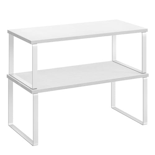 SONGMICS Cabinet Organizer Shelf, Set of 2 Kitchen Counter Shelves, Kitchen Storage, Spice Rack, Stackable, Expandable, Metal and Engineered Wood, Cloud White and Snow White UKCS025W01 - color: Cloud White + Snow White, size: 15.6"W