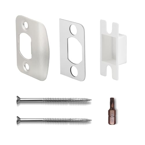 Standard Door Strike Plate with Reinforced 3” Torx/Star Screws & Bit, with Spacer Shim Plates, Wood Dowels, Striker Restorer Kit (Satin Nickel, 1 Pack) - color: Satin Nickel, size: 1 Pack (with 3" & 1" Screws)