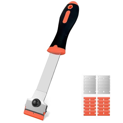 Razor Blade Scraper, Long Handle Scraper Tool with 10 Plastic and 10 Metal Blades - Ideal for Removing Labels, Stickers, Appliance Grease, and More from Windshields, Tint, and Glass (Orange) - color: Orange
