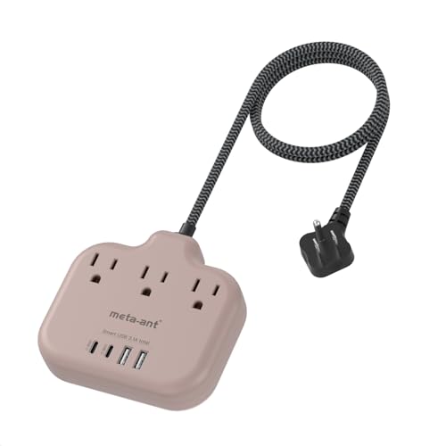 Brown Extension Cord with USB C - 5 FT Flat Braided Extension Cord with 3 Outlets & 4 USB Ports (2 USB-C), 1625W Tan Cord for Brown Tan Wood Walnut Grain Desk Accessories - color: Brown, size: 5FT