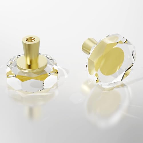 Glass Cabinet Drawer Knobs 8 Pack Gold Crystal Brushed Cabinets Pulls Knob, Solid Base Closet Cupboard Dresser Drawers Hardware Handles, Kitchen Bathroom Bedroom Pull Single Hole Satin Brass Knobs - color: Gold-8 pack, size: Octagon