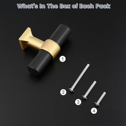5Pack Single Hole Black Cabinet Knobs with Gold Champagne Base T Shaped Dold Kitchen Cabinet Knobs Hardware Pull Knob for Cabinets and Drawers 50mm Total Length - color: Black with Champagne Gold Base, size: Single Hole-2inch Length