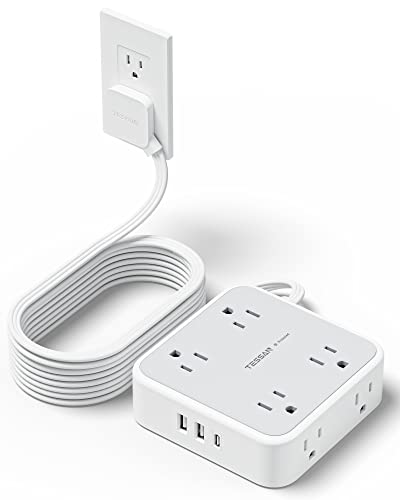 TESSAN Surge Protector Power Strip, 15 Ft Flat Plug Extension Cord with 3 USB (1 USB C) 8 Outlets, 1250W, 900J Protection, 3 Sided Outlet Extender with Power Switch for Office, Dorm Room, Grey - color: Grey with 1 USB C, size: 15 feet