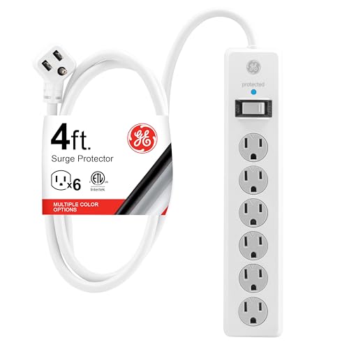 GE Surge Protector Power Strip, 4 Ft Extension Cord, 6 Outlet Extender, 800 Joules, Flat Plug, Twist-to-Close Safety Covers, ETL Listed, White, 33658 - color: White, size: 4 Ft, style: 1 Pack