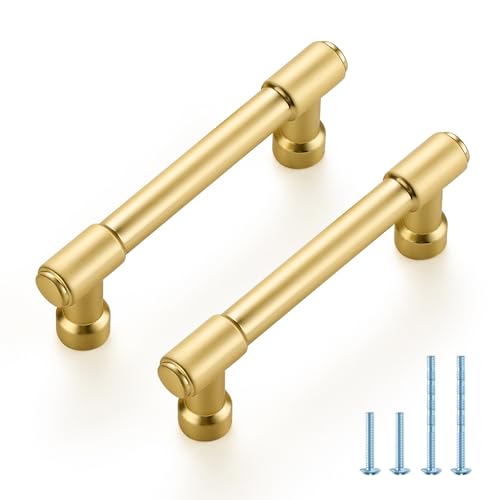 JOY DECOR 2 Pack 3 Inch Brushed Gold Cabinet Handles Modern Dresser Drawer Pulls Kitchen Cabinet Hardware for Cupboard Door Handles - color: Brushed Gold, size: 3 In Hole Center