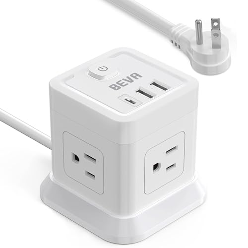 BEVA Power Strip with USB - 10ft Long Extension Cord with 4 Widely Spaced Outlets and 3 USB Ports Cube Desktop Charging Station, Overload Protection, Compact for Travel, Cruise Ship and Dorm - color: White, size: 10ft