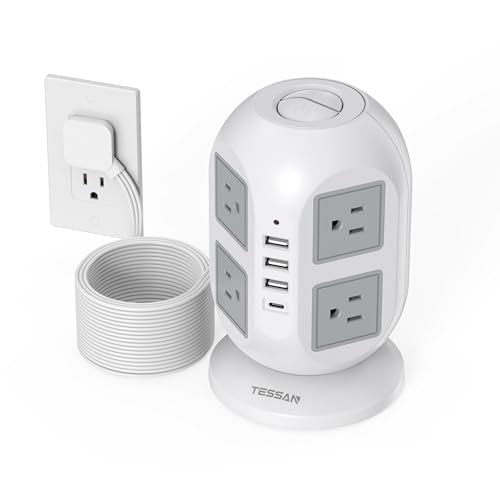 TESSAN Tower Surge Protector Power Strip 15 ft, Long Flat Extension Cord with Multiple Outlets, 8 AC Outlets with 4 USB Ports (1 USB C), Charging Station with Surge Protection, for Home Office Dorm - color: Grey, size: 15 Feet (4 USB Ports, 1 USB-C)