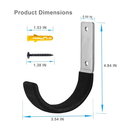 6 Pcs Garage Storage Utility Hook, Upgraded Ladder Hangers, Shed J-Hooks, Heavy Duty Ladder Tool Holders for Garage Wall, Black Wall Hooks for Hanging Tools, Bikes, Hose, Shovels, Rakes