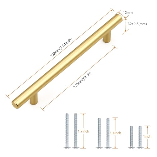 Probrico 5 Pack Hole Centers (128mm) 5inch Gold Kitchen Cabinet Handles Stainless Steel Polished Gold Cabinet Pulls Round T Bar Pull Handle for Cabinets and Drawers Total Length 7.5inch(192mm) - color: Gold, size: Hole Centers: 5"