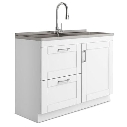 SIMPLIHOME Modern Wide Shaker All-in-One 46 inch Wide Utility Sink and Laundry Cabinet in Pure White Finish, Transitional Stainless Steel Sink Cabinet for Laundry Rooms with High-Arch Chrome Faucet - color: White, size: 46 inch