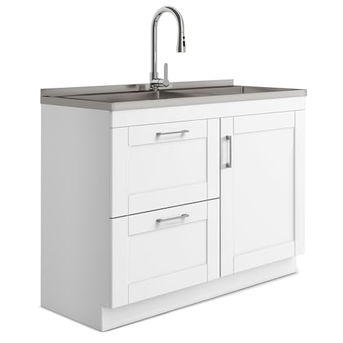 SIMPLIHOME Modern Wide Shaker All-in-One 46 inch Wide Utility Sink and Laundry Cabinet in Pure White Finish, Transitional Stainless Steel Sink Cabinet for Laundry Rooms with High-Arch Chrome Faucet - color: White, size: 46 inch