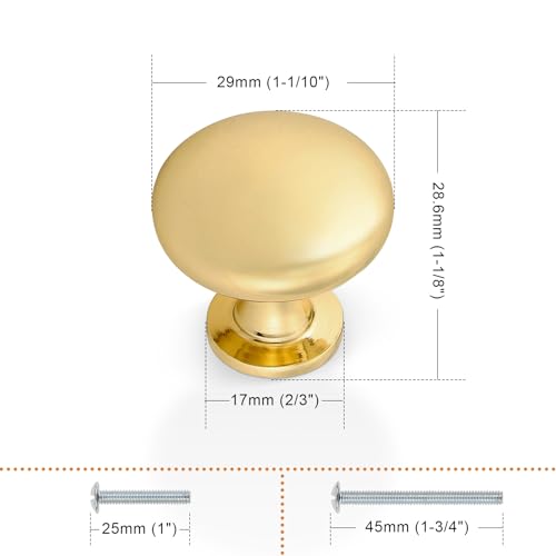 Probrico (5 Pack Gold Cabinet Knobs Round Drawer Handles 1-3/16 inch(29.5mm) Diameter Single Hole Cabinet Pulls Kitchen Cabinet Hardware - color: Gold