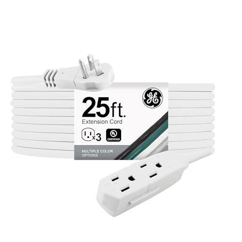 GE 3-Outlet Flat Extension Cord 25 Ft Grounded Extension Cord with Multiple Outlets 3 Prong Outlet Extender Flat Plug Indoor Power Strip 16 Gauge UL Listed White 69920 - color: White, size: 25 Ft