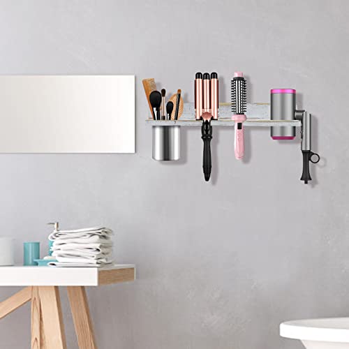 Hair Tool Organizer Wall Mounted, Sturdy Pine Wood Construction, Removable Stainless Steel Cup, Holds Hair Dryers, Straighteners, Curling Irons, Brushes, and More, White - color: White