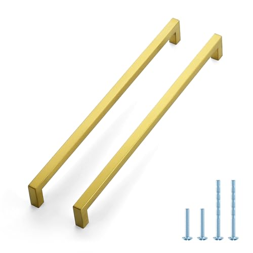 JOY DECOR 2 Pack Gold Cabinet Handles, 12-3/5 Inch Hole Center Cabinet Pulls – Square Stainless Steel Kitchen Knobs for Drawers, Dressers, Cupboards & Vanities - size: 12-3/5 Inch Hole Center