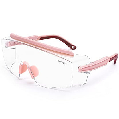 UKNOW Safety Goggles Over Glasses, Anti Fog Safety Glasses with Clear Wraparound Lens, ANSI Z87.1 Protective Eyewear - color: Melon Pink