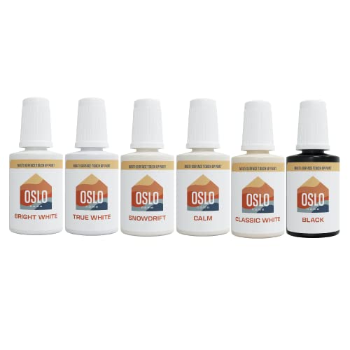 Touch Up Paint Multi-Pack – 5 Most Popular White Home and Rental Colors + Black, w/Brush in 20ml Bottle, Quick Drying, For Repairs, Walls, Trim, Cabinets, Furniture, Shutters and More