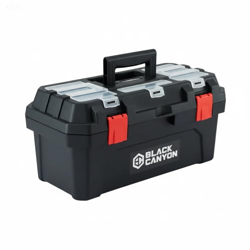 Black Canyon 17 Inch Plastic Tool Box, Support up to 44 lbs, w/Handle, Polypropylene, Dual-Layer Design, Flexible for Stacking, Top-Lid Storage, Ideal for DIY, Workshop, Job Site Organization - size: 17 in × 8.7 in × 7.7 in