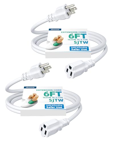 DEWENWILS 6ft Extension Cord, 16 AWG SJTW Weatherproof Power Cable for Indoor Outdoor Use, 3 Prong Grounded Outlets Plugs, ETL Listed, 2 Pack (White) - color: White, size: 6 feet
