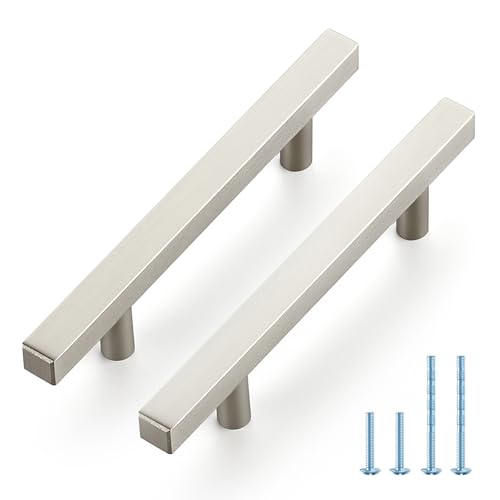 JOY DECOR 10 Pack 3-1/2 Inch Brushed Nickel Square Cabinet Handles Stainless Steel Cabinet Hardware Pulls for Kitchen and Drawers with 6 Inch Overall Length - color: Brushed Nickel, size: 3-1/2 Inch Hole Center