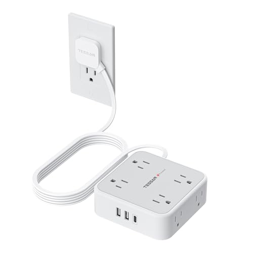 TESSAN Surge Protector Power Strip, 10 Ft Flat Plug Extension Cord with 3 USB (1 USB C) 8 Outlets, 1250W, 900J Protection, 3 Sided Outlet Extender with Power Switch for Office, Dorm Room, Grey - color: Grey with 1 USB C, size: 10 Feet